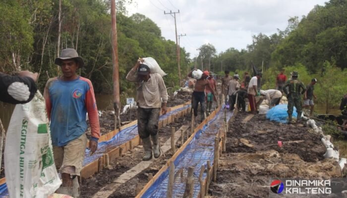 Satgas TMMD dan Warga Gotong Royong Pikul Material di Barito Selatan